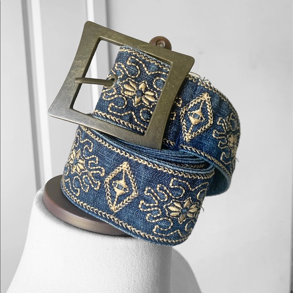 Vintage Retro Gold Embroidered Denim Blue Boho Fashion Belt - Picture 2 of 6